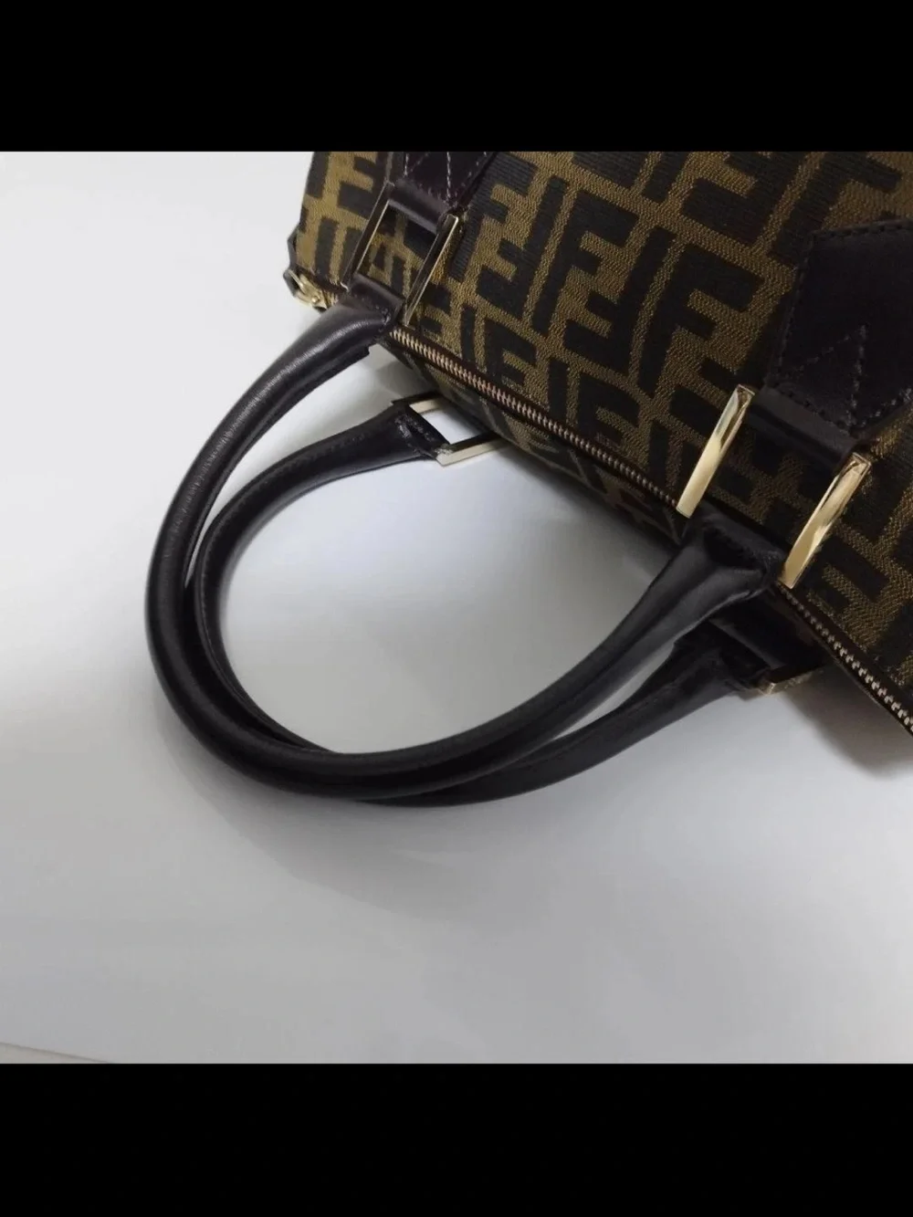 Fendi Brown FF Monogram Canvas Satchel with Black Leather Handles